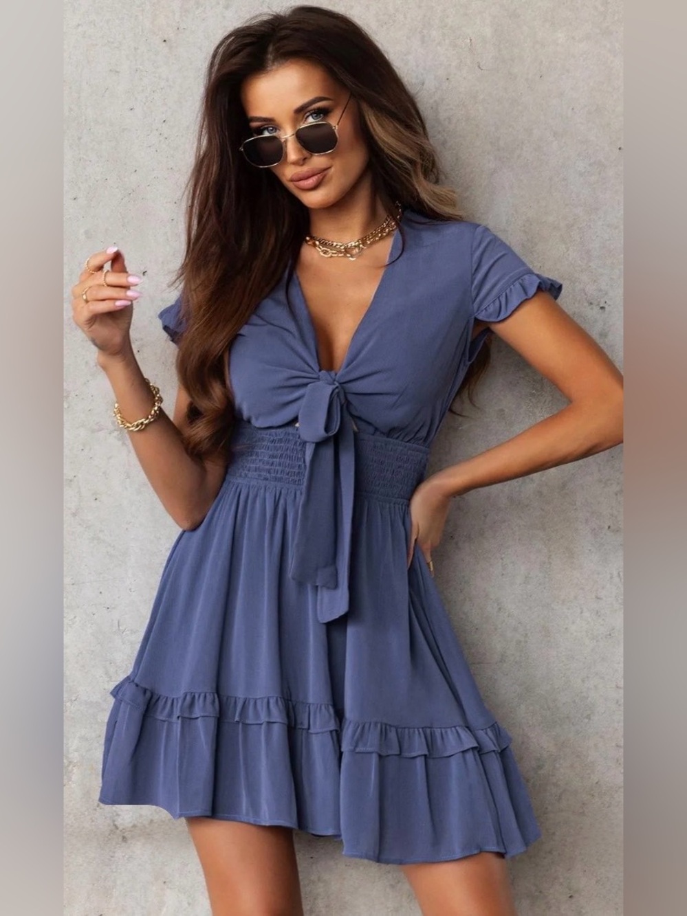Slate Blue Ruffled Lightweight Dress